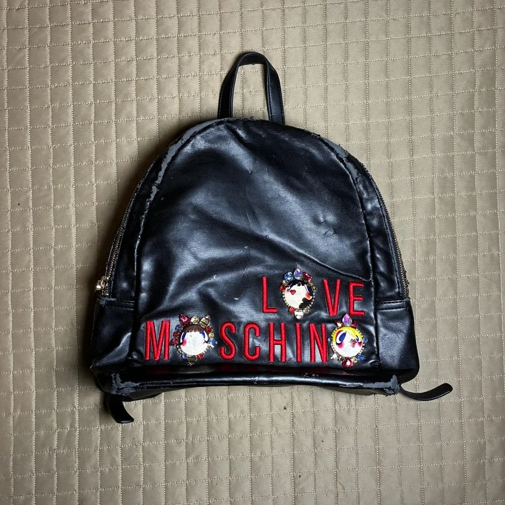 Love‎ Moschino Black Faux Leather Backpack Jeweled Patches Red Logo AS IS Repair